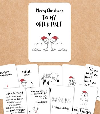 Set aus zehn humorvollen Weihnachtskarten mit Sprüchen wie „Merry Christmas to my otter half“ und minimalistischen Illustrationen. Perfekt zum Ausdrucken und Verschenken.