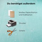 Bild mit Drucker, Schere und Papierarten. Text: „Du benötigst außerdem: Weißes Papier/Karton und Kraftkarton“. Alles für dein DIY Kartenprojekt.
