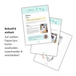 Anleitung zum Ausdrucken und Basteln der Teebeutel Karte. Zeigt mehrere Seiten mit Druck- und Bastelanleitung sowie Tipps zum Papier und Druckeinstellungen. Ideal als DIY Geschenkidee für entspannte Auszeiten oder kleine Aufmerksamkeiten.