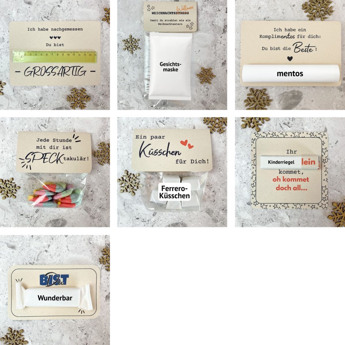 Lustige Adventskalender Druckvorlagen mit kleinen Geschenkanhängern: „Du bist großartig“, „Wellness gegen Weihnachtsstress“, „Ein paar Küsschen für dich“, „Jede Stunde mit dir ist specktakulär“, „Kinderregel – oh kommet doch all“. Humorvolle Weihnachtsidee zum Selberdrucken und Befüllen.