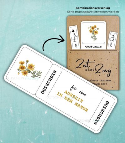 Auszeit in der Natur Gutschein Vorlage zum Ausdrucken. Auf der Gutscheinvorlage sind gelbe Herbstblumen abgebildet.