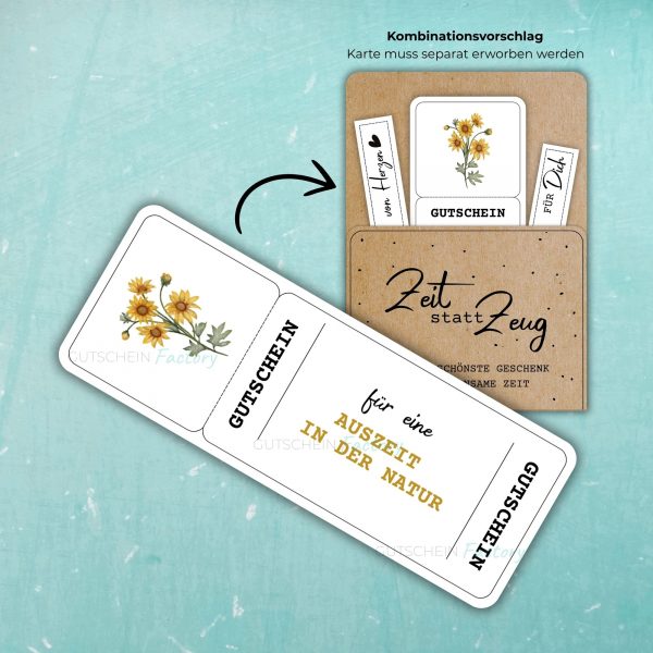 Auszeit in der Natur Gutschein Vorlage zum Ausdrucken. Auf der Gutscheinvorlage sind gelbe Herbstblumen abgebildet.