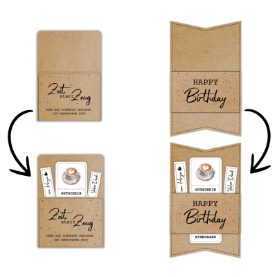 Kombiniere die Frühstück im Bett Gutschein Vorlage mit einer passenden Gutscheinkarte oder -hülle aus meinem Shop. Hier im Beispiel steht auf der Gutscheinverpackung „Zeit statt Zeug. Denn das schönste Geschenk ist gemeinsame Zeit.“