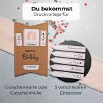 Alttext: Individuelle Geburtstag Gutscheinverpackung mit persönlicher Note. Die Druckvorlage beinhaltet die Gutscheinhülle und 5 verschiedene Einstecker. Auf ihnen steht „Für Dich, Für Euch, von Herzen, Vielen Dank, nur eine Kleinigkeit“.