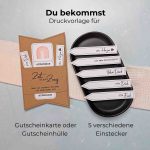 Individuelle Gutscheinverpackung mit persönlicher Note. Die Druckvorlage beinhaltet die Gutscheinhülle und 5 verschiedene Einstecker. Auf ihnen steht „Für Dich, Für Euch, von Herzen, Vielen Dank, nur eine Kleinigkeit“.