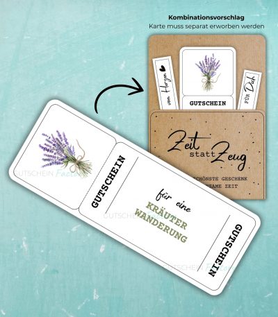 Kräuterwanderung Gutschein Vorlage zum Ausdrucken. Auf der Gutscheinvorlage ist ein Lavendel-Kräuterstrauß abgebildet.