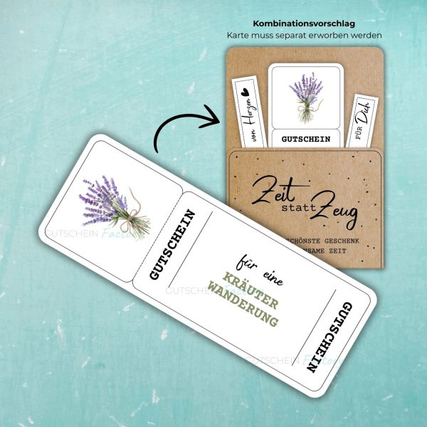 Kräuterwanderung Gutschein Vorlage zum Ausdrucken. Auf der Gutscheinvorlage ist ein Lavendel-Kräuterstrauß abgebildet.