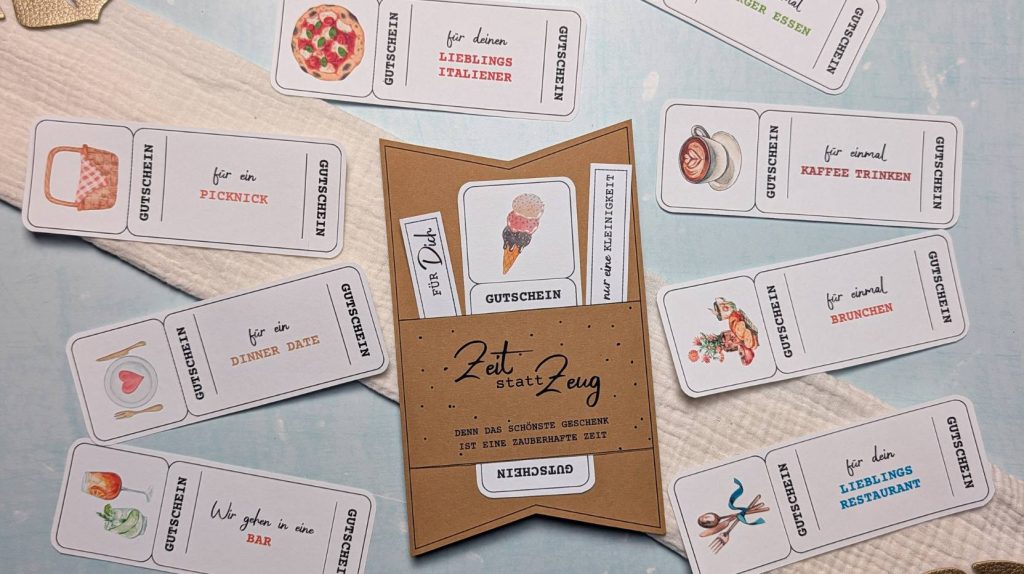 Kulinarische Zeit statt Zeug Gutscheinvorlagen wie Picknick, Dinner Date, Kaffee trinken, Brunch oder Lieblingsrestaurant. Kraftpapier-Gutscheinverpackung mit Eiscreme-Motiv als kreative Geschenkidee.
