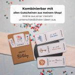 Geburtstag Gutscheinideen. Die Gutscheinkarte kann mit allen Gutscheinen aus meinem Shop kombiniert werden. Wähle aus einer Vielzahl unterschiedlicher Gutscheinideen aus. Wichtig: der Gutschein muss separat erworben werden.