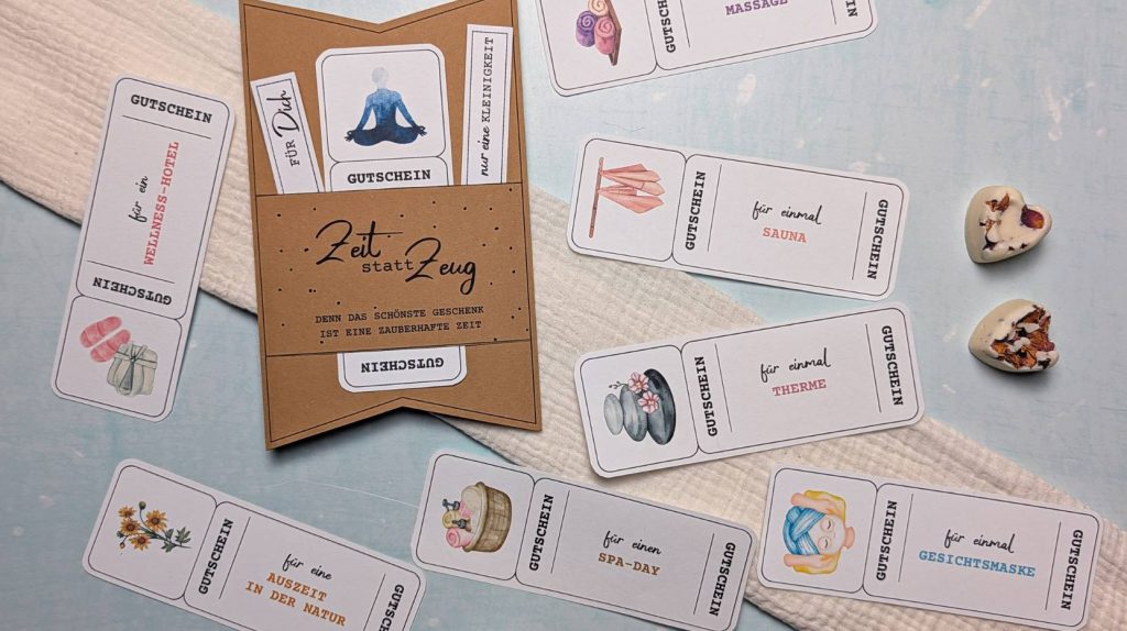 Wellness-Gutscheinideen zum Ausdrucken wie Sauna, Massage oder Spa-Day. Zeit statt Zeug Vorlagen im sanften Wohlfühlstil – perfekte Geschenkidee für Entspannung und gemeinsame Auszeit.