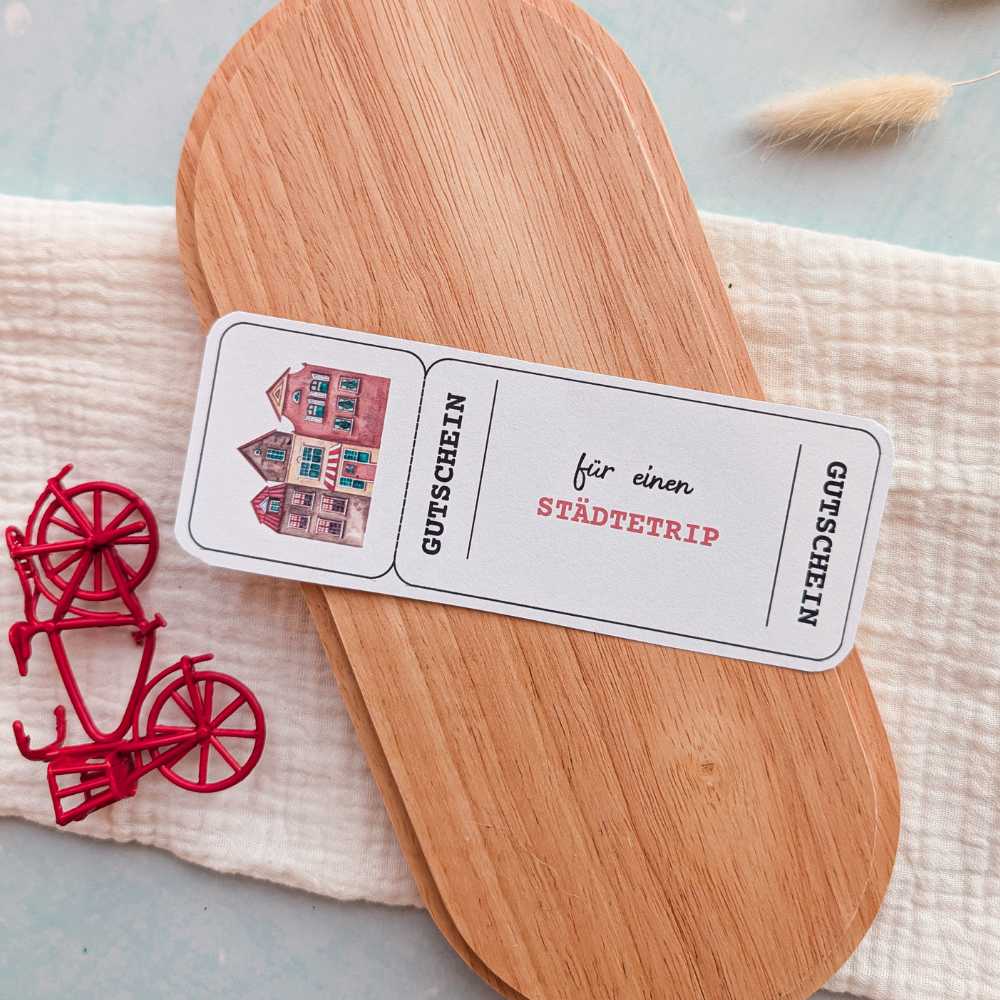 Illustrierte Gutscheinvorlage für einen Städtetrip als Zeit statt Zeug Geschenk. Kleine Erlebnis-Karte im cleanen Design – ideal für Reisegutscheine zum Ausdrucken.