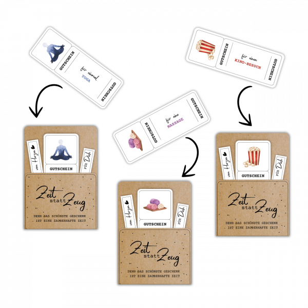 Zeit statt Zeug Gutschein kombiniert mit thematischen Gutscheinen wie Kino, Yoga und Massage – originelle Geschenkidee für jeden Anlass.