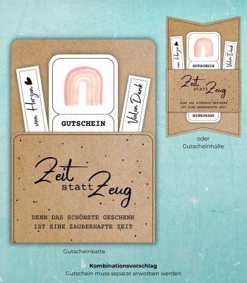 Zeit statt Zeug Gutscheinkarte und Gutscheinhülle aus Kraftpapier mit Aufschrift „Denn das schönste Geschenk ist eine zauberhafte Zeit“.