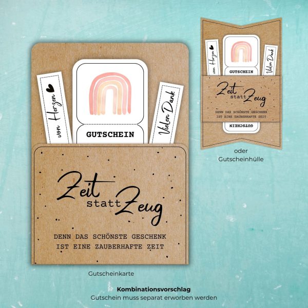 Zeit statt Zeug Gutscheinkarte und Gutscheinhülle aus Kraftpapier mit Aufschrift „Denn das schönste Geschenk ist eine zauberhafte Zeit“.